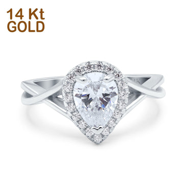 14K White Gold Teardrop Pear Halo Twist Infinity Shank Art Deco Engagement Wedding Bridal Ring Round Simulated CZ Size-7